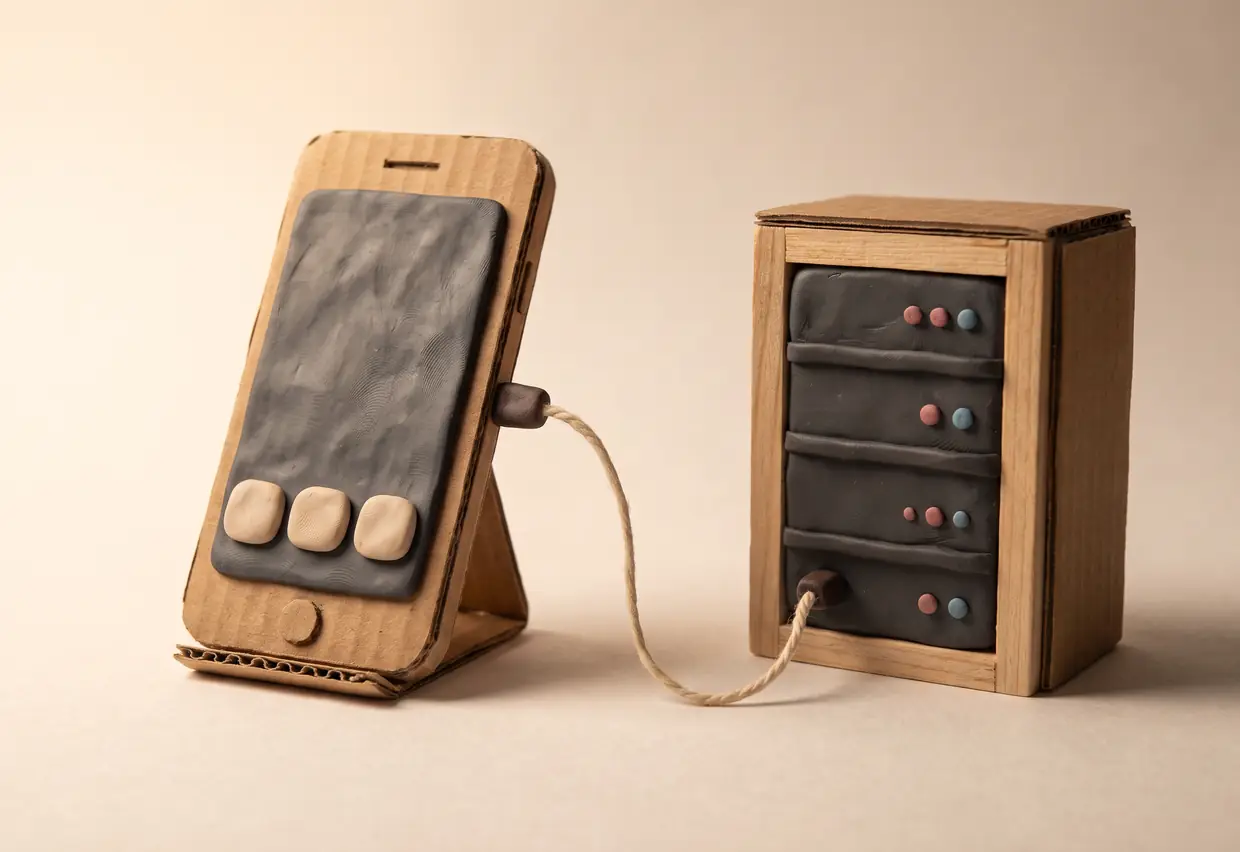 Knetfiguren-Stillleben: ein Kartonsmartphone, per Schnur mit einem kleinen Serverschrank verbunden