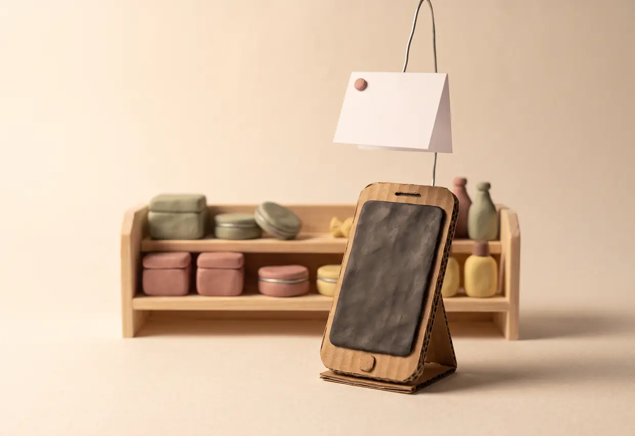 Knetfiguren-Stillleben: ein Kartonsmartphone vor einem Mini-Ladenregal, darüber eine Papiernotiz an einem Draht