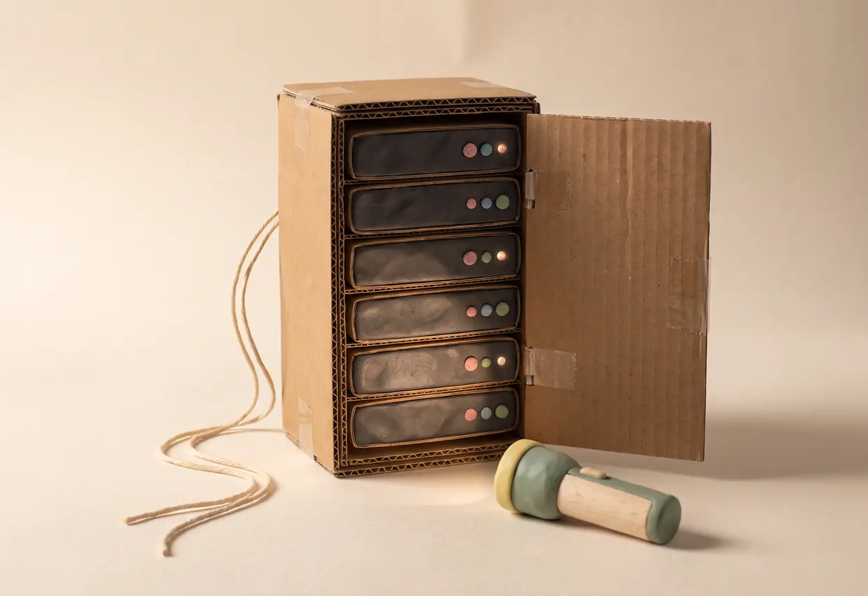 Knetfiguren-Stillleben: ein offenes Serverrack aus Karton mit leuchtenden Knetmodulen, Schnurkabeln und einer Taschenlampe