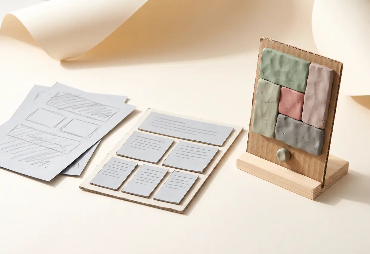 Knetfiguren-Stillleben: drei Stufen nebeneinander — Bleistiftskizzen, ein flaches Kartonmockup und ein aufgestellter Prototyp-Screen