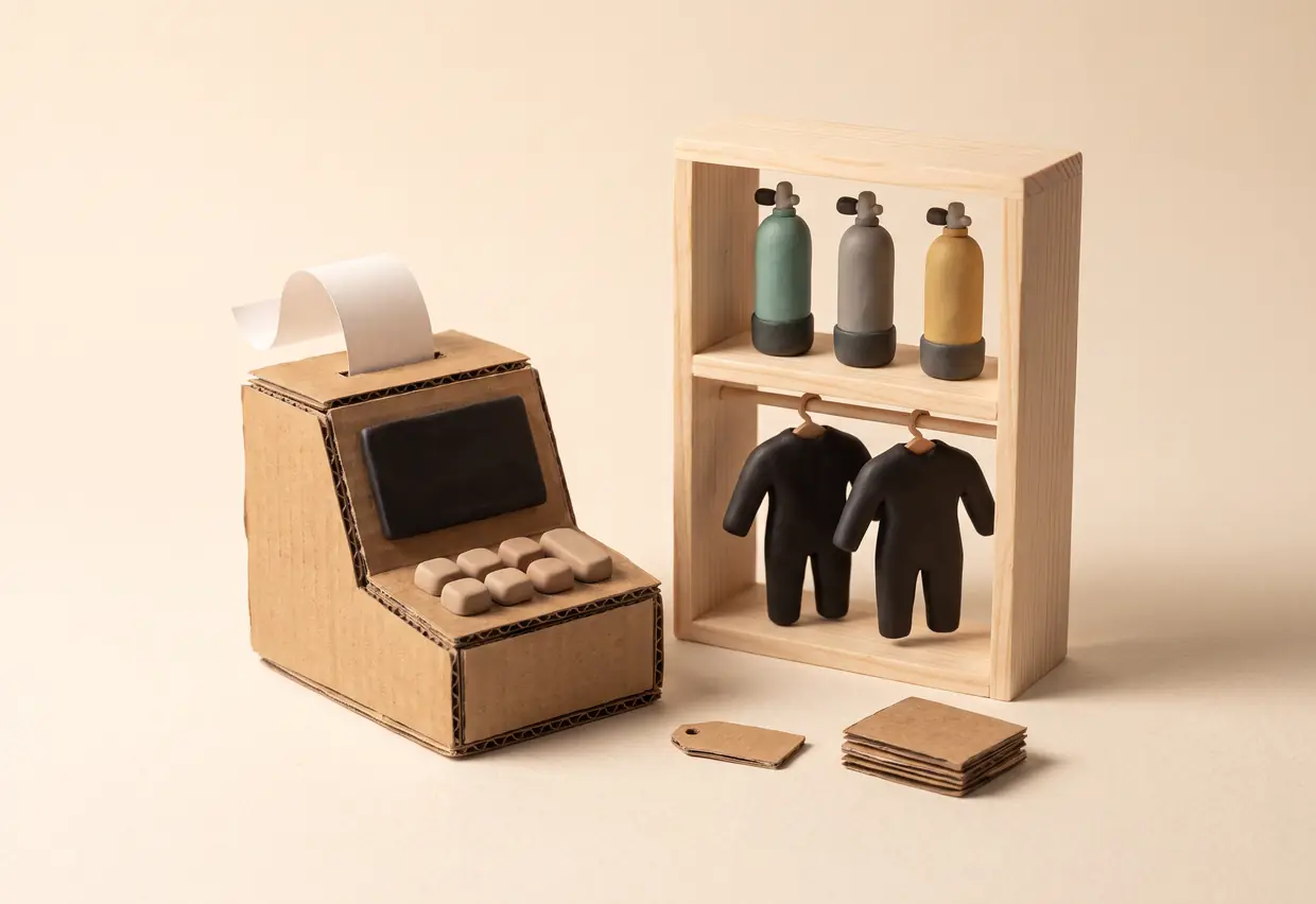 Knetfiguren-Stillleben: ein Kassenterminal aus Karton neben einem Holzregal mit Mini-Tauchflaschen und Neoprenanzügen
