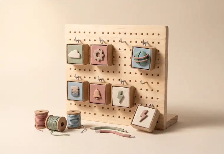 Knetfiguren-Stillleben: eine Lochwand aus Holz mit kleinen Kartonmodulen und Knet-Piktogrammen