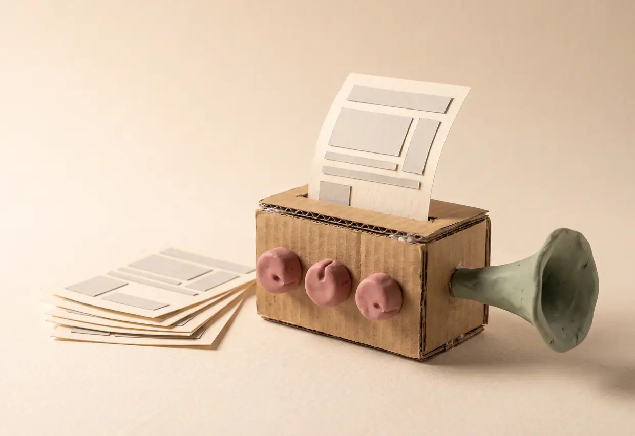 Knetfiguren-Stillleben: eine Kartonmaschine mit Sprechtrichter, aus dem Schlitz steigt eine fertige Papierseite, daneben frühere