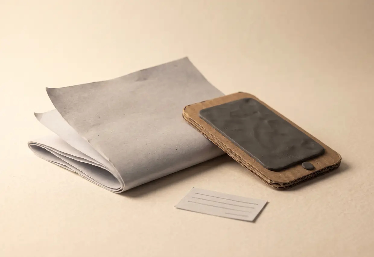 Knetfiguren-Stillleben: eine Mini-Zeitung aus grauem Papier, aus der ein Tablet aus Karton und Knete ragt, davor ein Kleininserat
