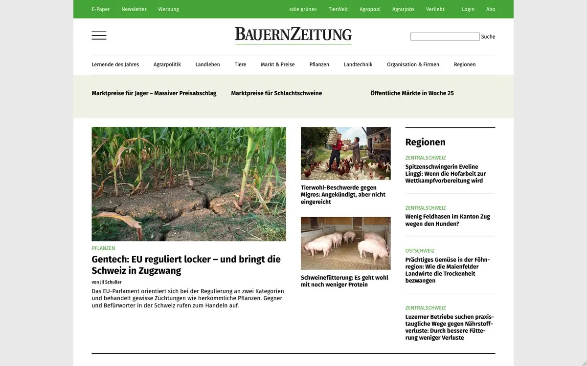Screenshot der Website bauernzeitung.ch