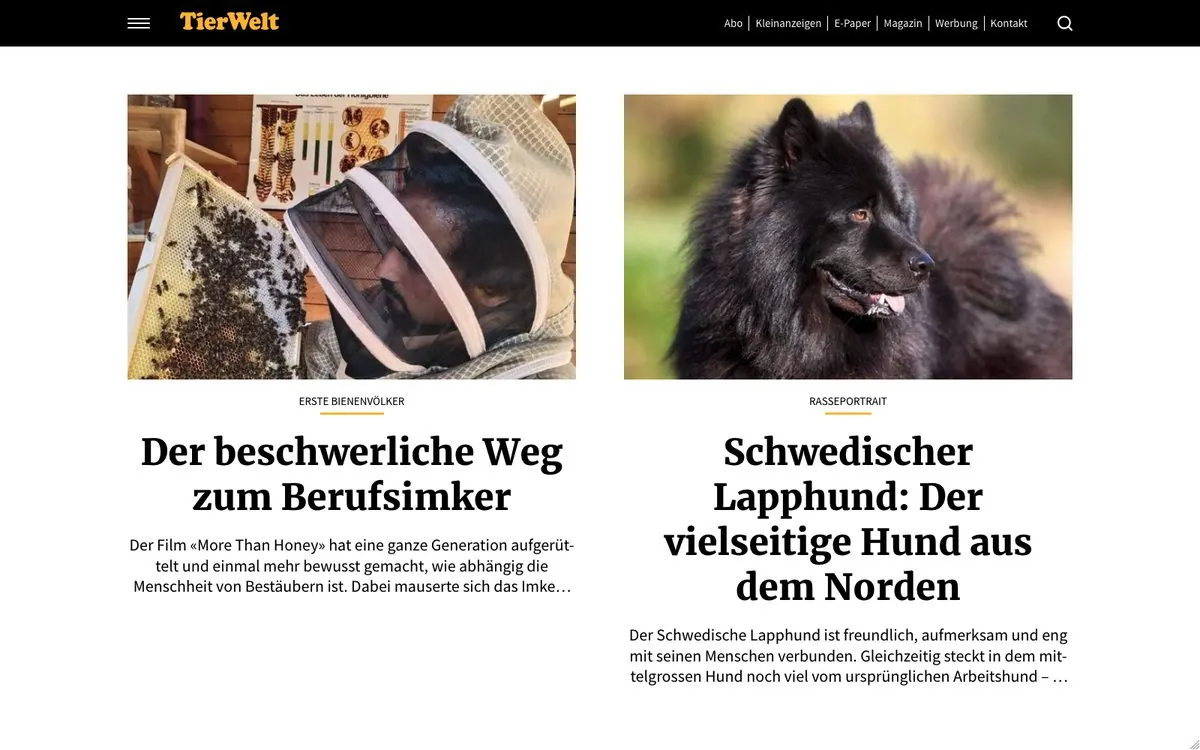 Screenshot der Website tierwelt.ch