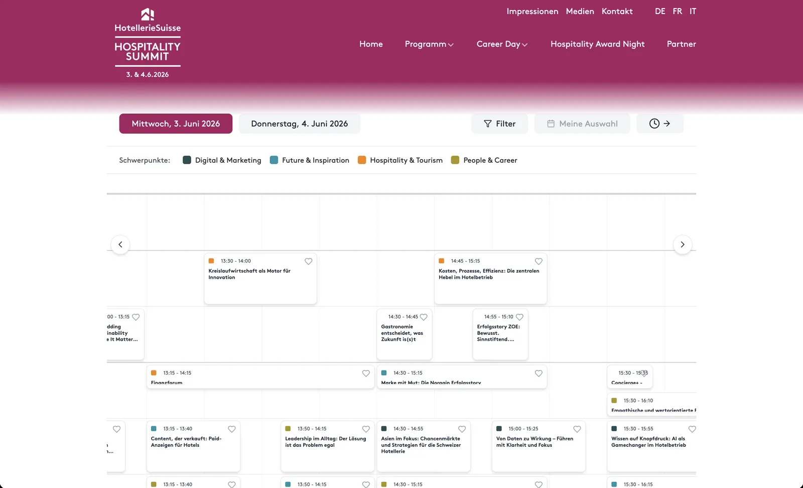 Hospitality Summit: Programmansicht mit Zeitachse und Filtern