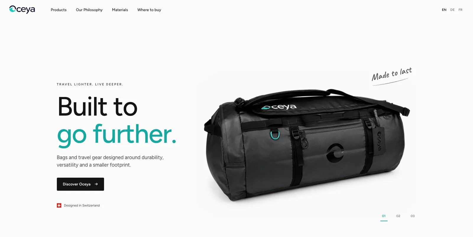 Oceya: home page with the duffle