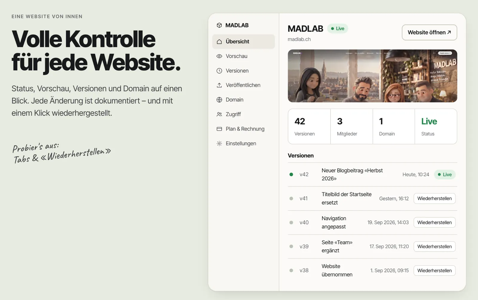 MADLAB // Publishing: Übersicht einer Website mit Versionen und «Wiederherstellen»