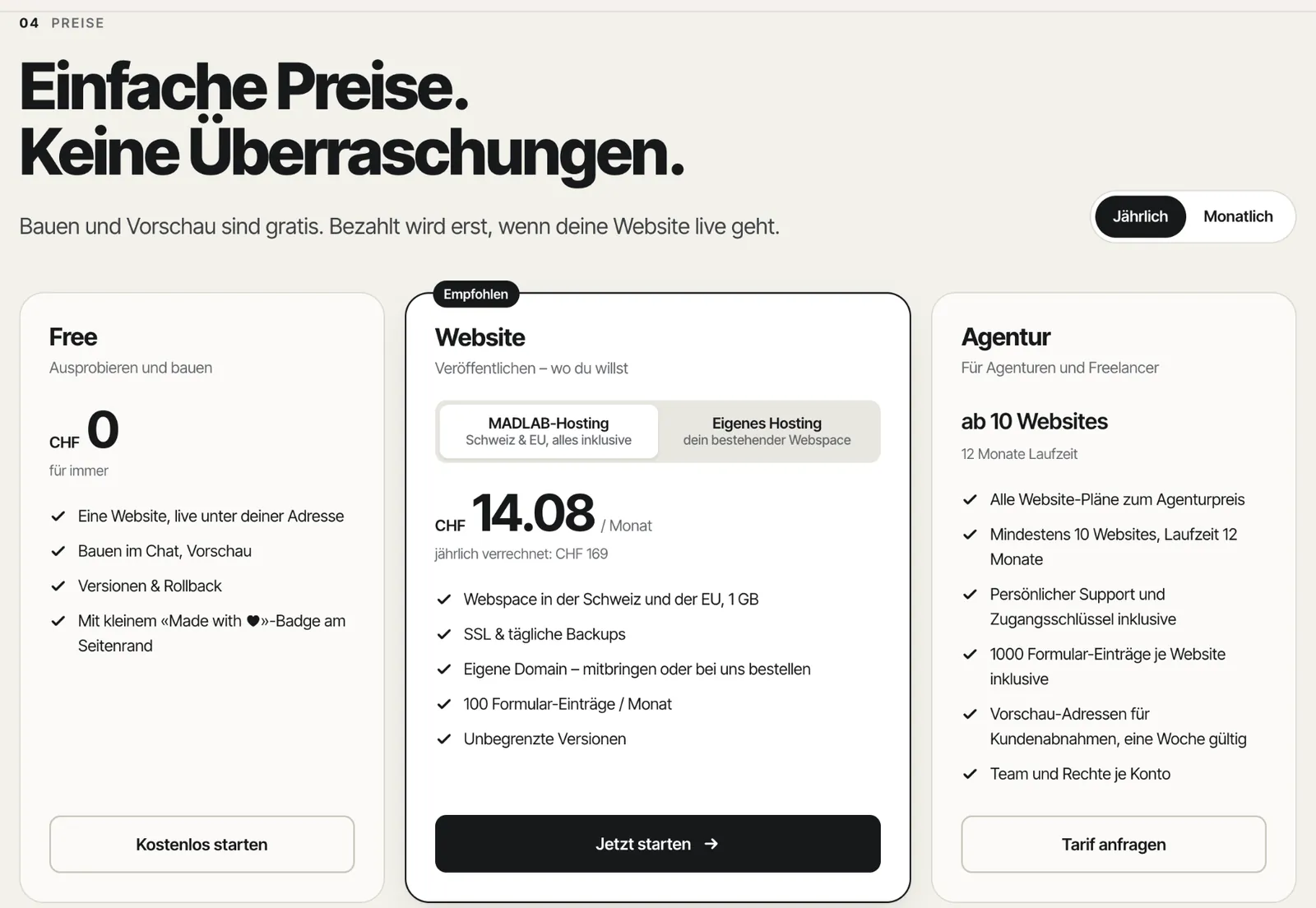 MADLAB // Publishing: Preise mit Free-Plan, Plan «Website» und Agenturangebot