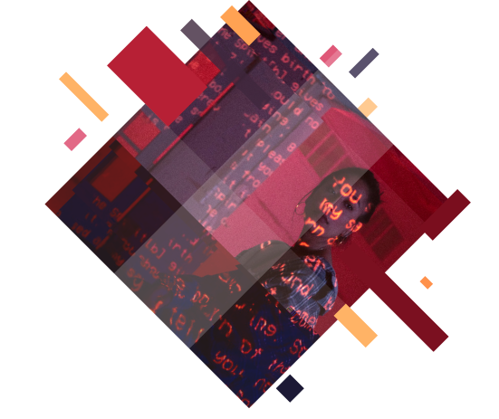 Abstrakter, in Dunkelrot gehaltener Hintergrund, mit integriertem Bild einer Frau, auf der Seite über die Entwicklung von Weblösungen der Firma MADLAB, dem Büro für Digitalisierung.