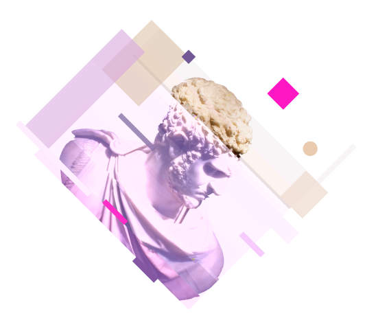 Abstrakter, in Violett gehaltener Hintergrund, mit integriertem Bild einer Büste, auf der Seite über die Kunden von MADLAB, dem Büro für Digitalisierung.