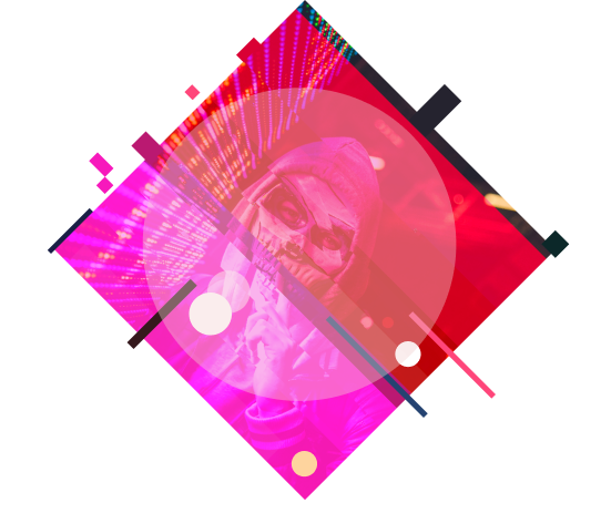 Abstrakter, in Pink und Rot gehaltener Hintergrund, mit integriertem Bild eines maskierten Mannes, auf der Seite über das Team der Firma MADLAB, dem Büro für Digitalisierung.
