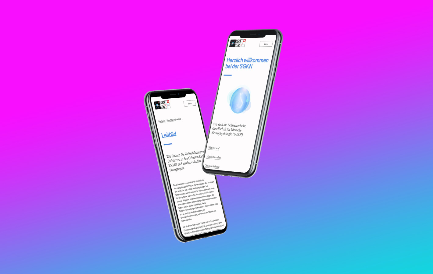 Zwei mobile Darstellungen der neuen Webseite sgkn.ch abgebildet auf zwei Mobiltelefonen.